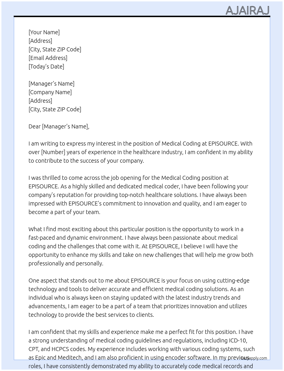 Medical coding At EPISOURCE Cover Letter