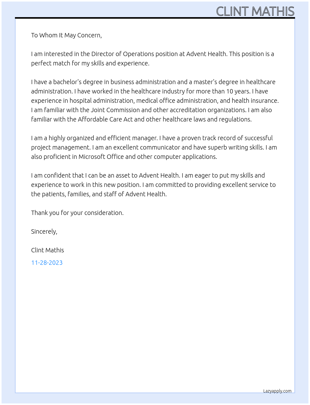Director of Operations At Advent Health Cover Letter