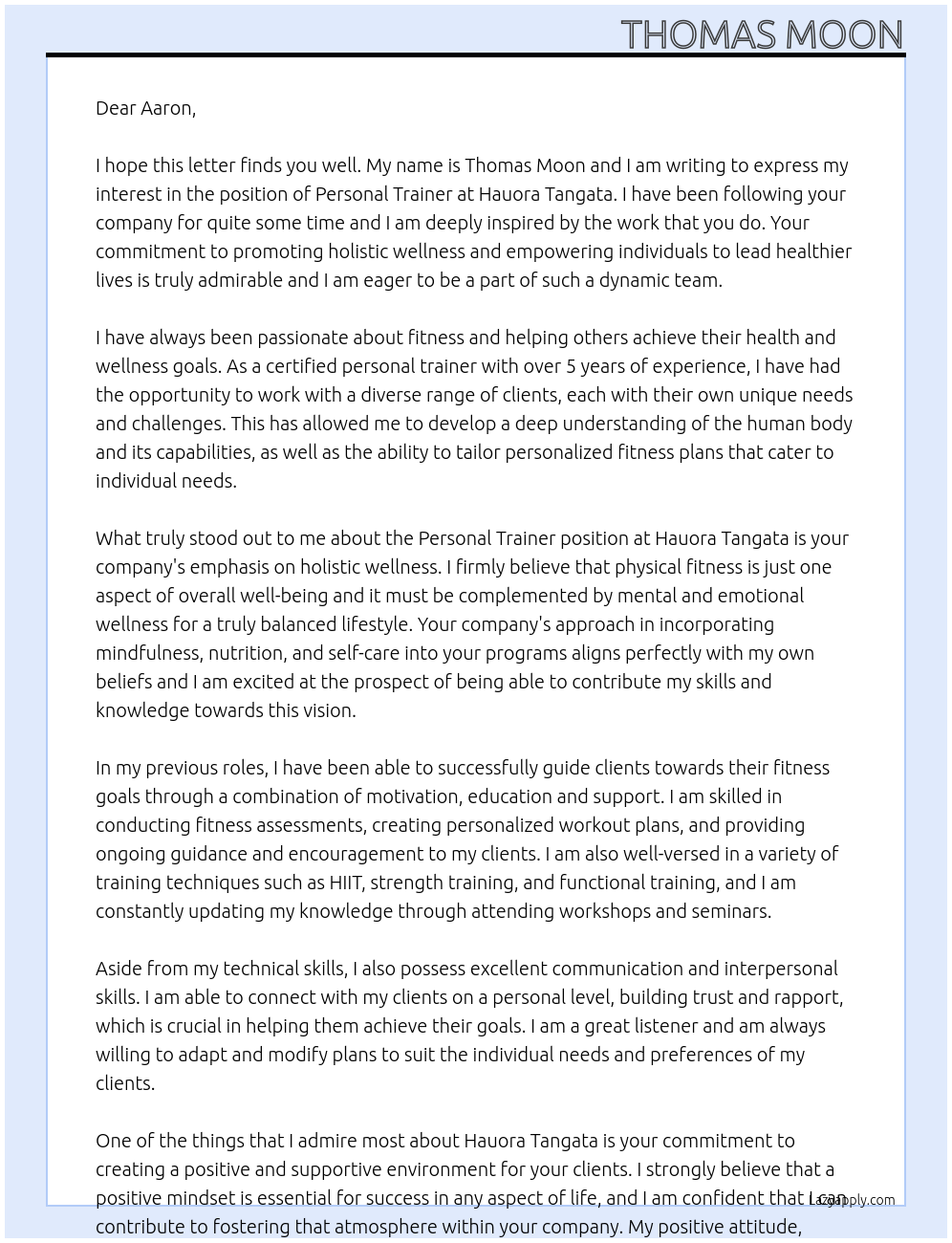 Personal Trainer At Hauora Tangata Cover Letter