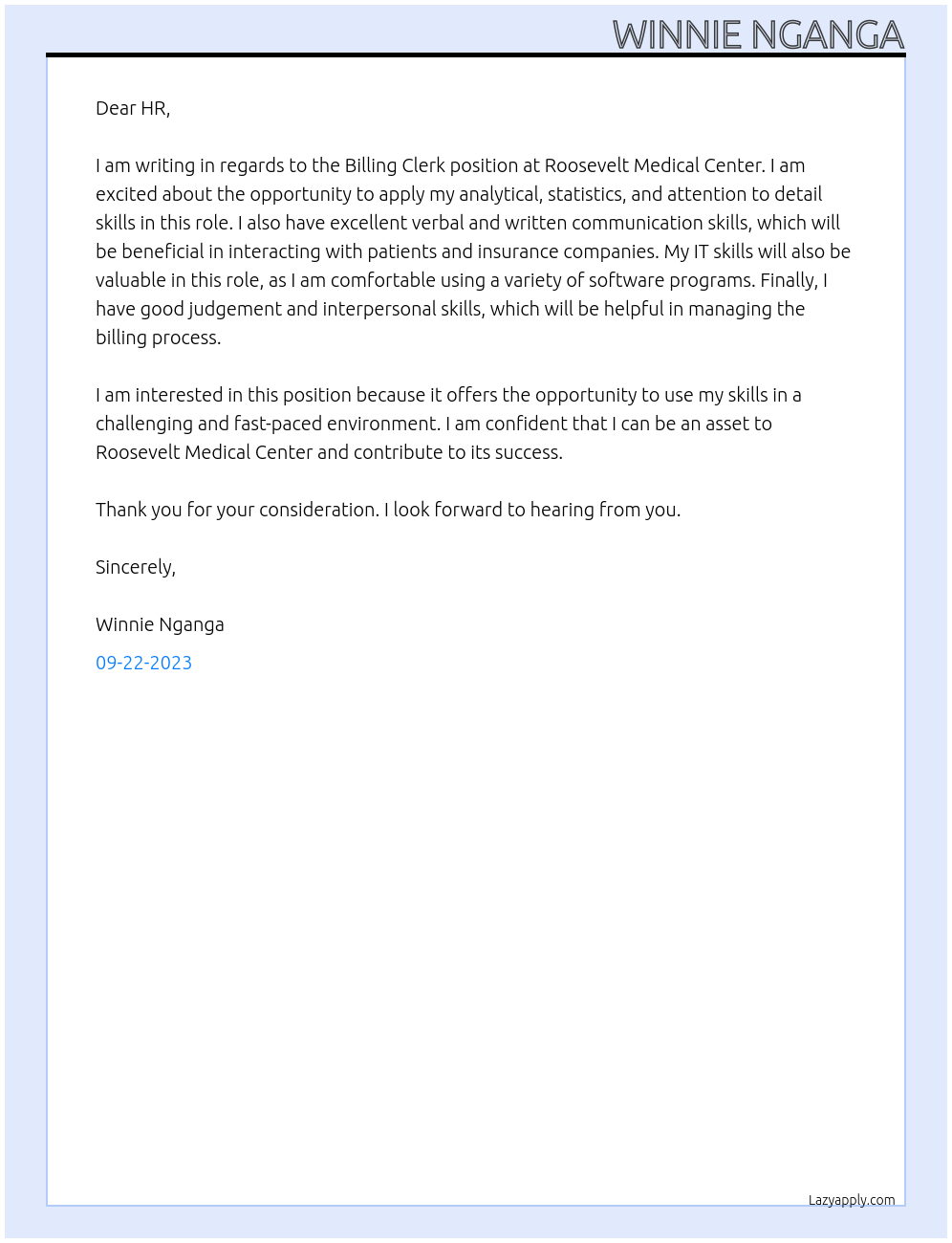 BILLING CLERK At Roosevelt Medical Center Cover Letter