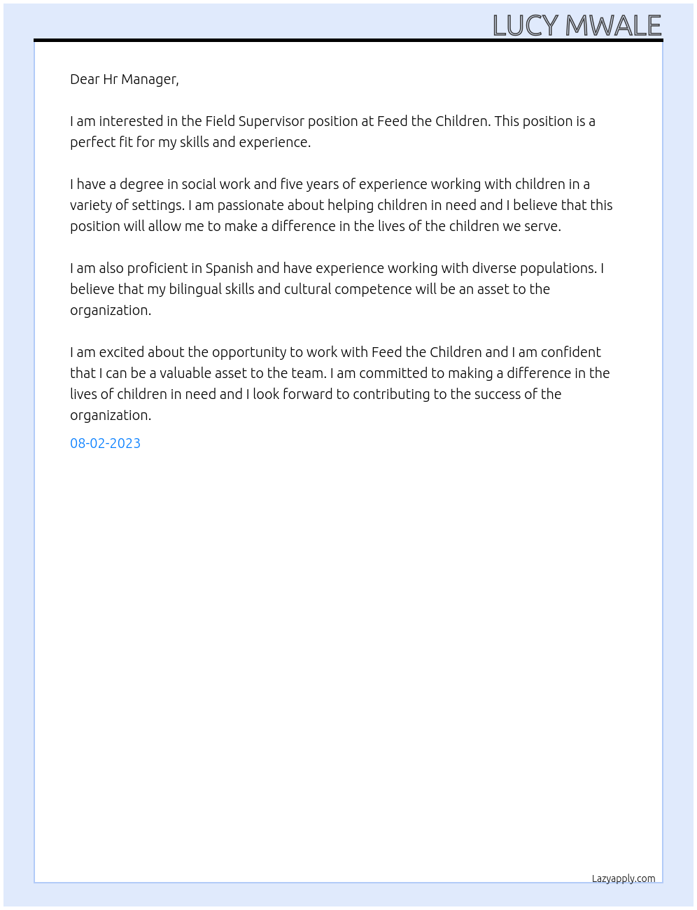 Field Supervisor At Feed the children Cover Letter