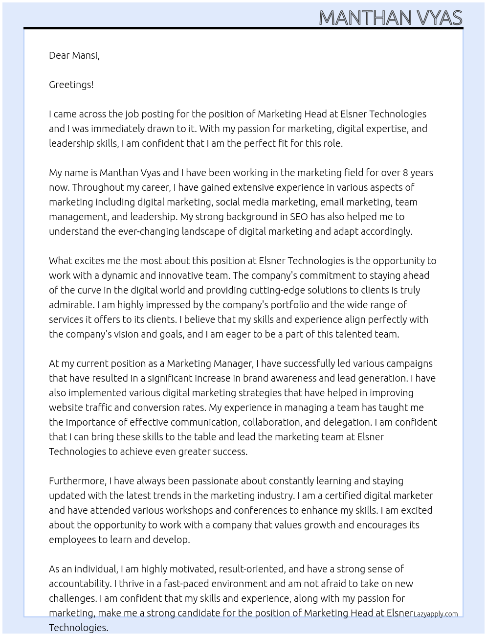 Marketing Head At Elsner Technologies Cover Letter