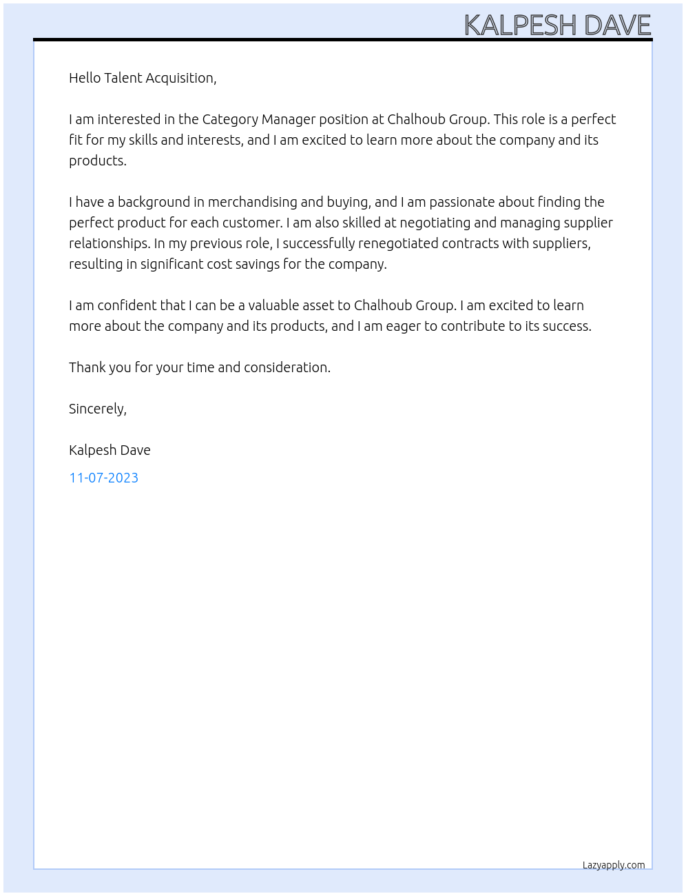 Category Manager At Chalhoub Group Cover Letter