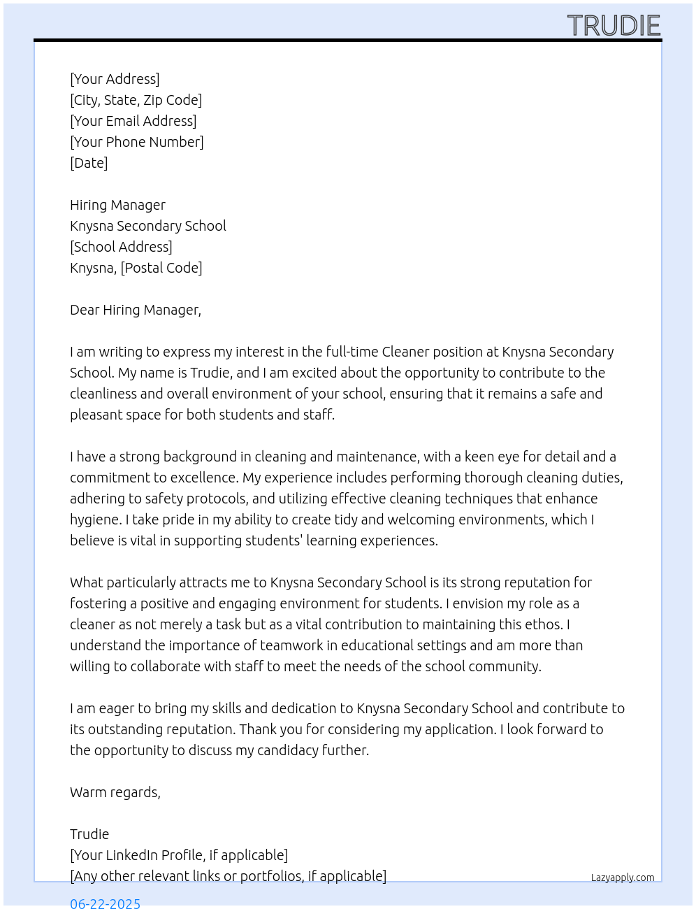 cleaner At Knysna secondary schoplol Cover Letter