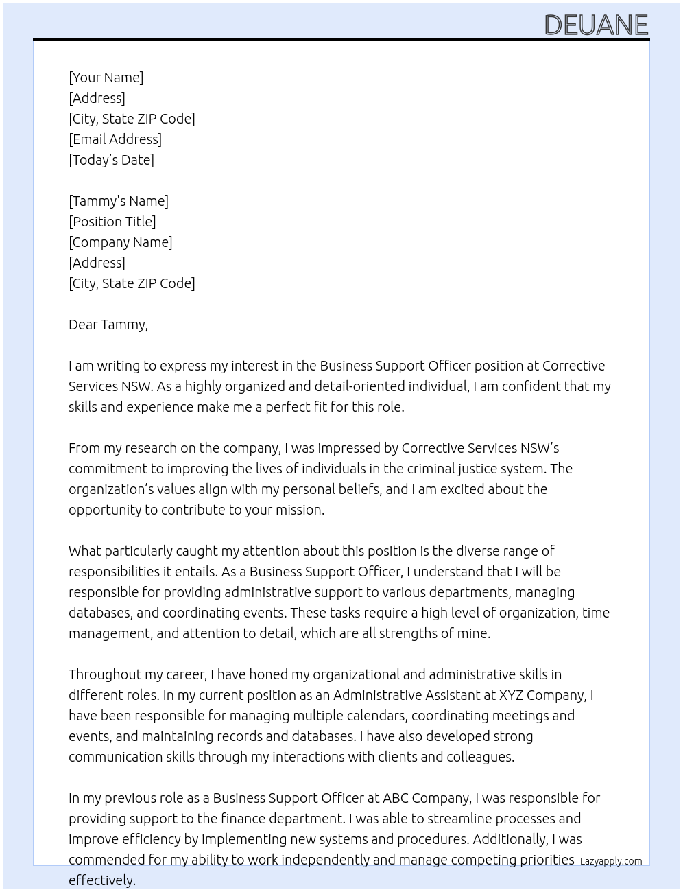 Business Support Officer At Corrective Services NSW Cover Letter