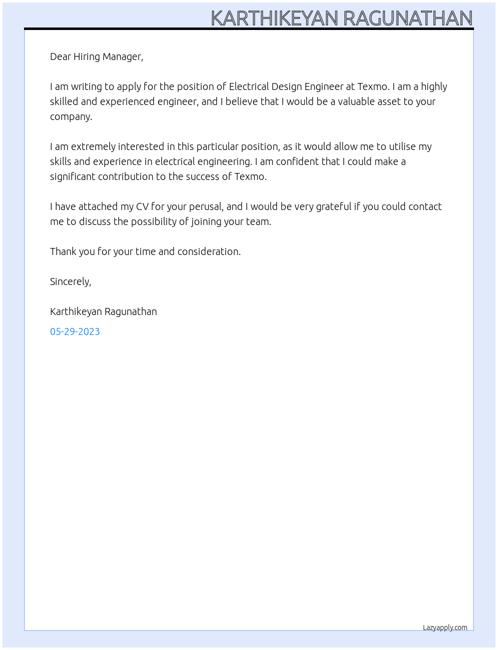 Electrical Design Engineer At Texmo Cover Letter