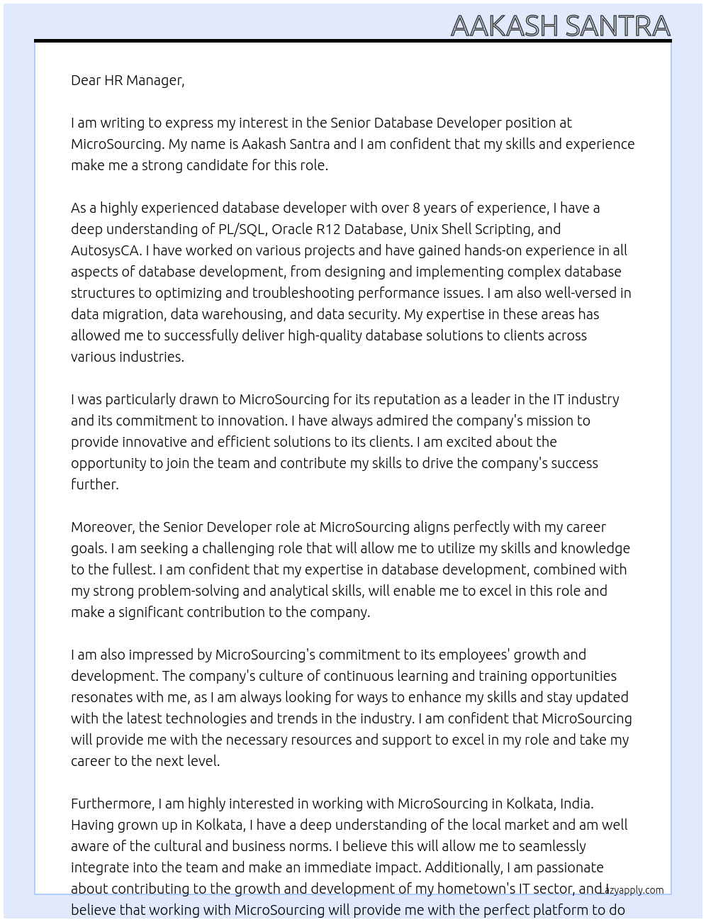 Cover letter for senior database developer - LazyApply