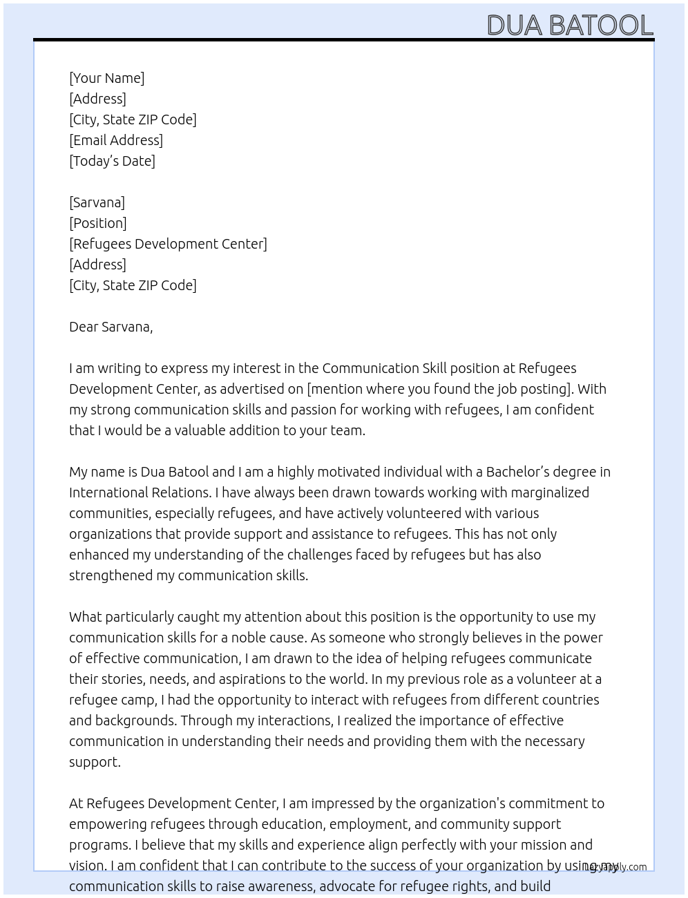 Communication Skill At Refuges Development Center Cover Letter