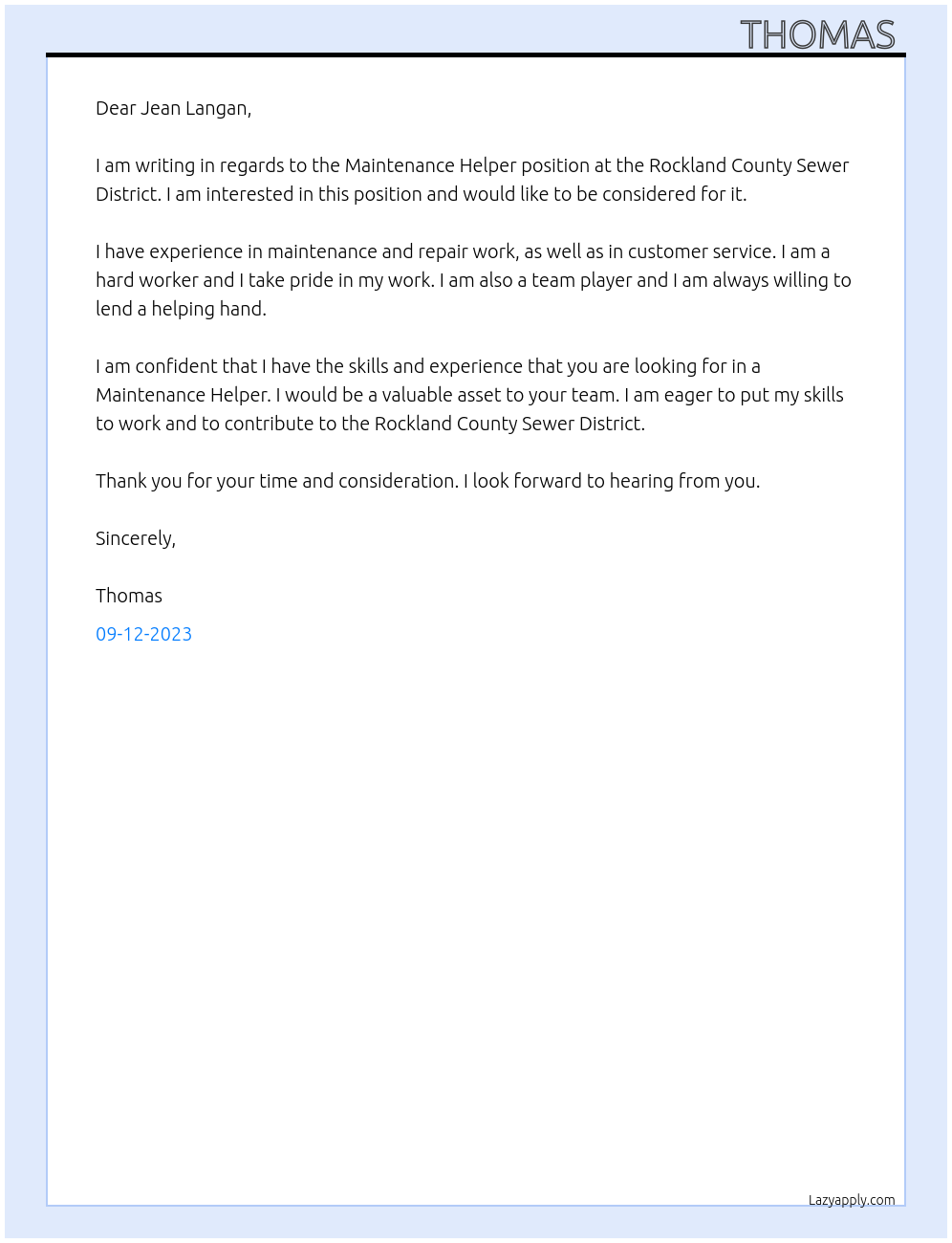 Maintenance Helper  At Rockland County Sewer District  Cover Letter