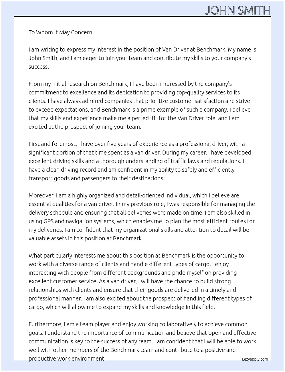 Van Driver At Benchmark Cover Letter