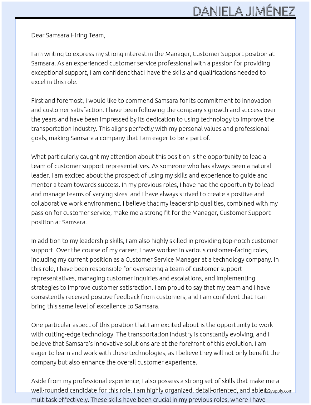 Manager, Customer Support At samsara Cover Letter