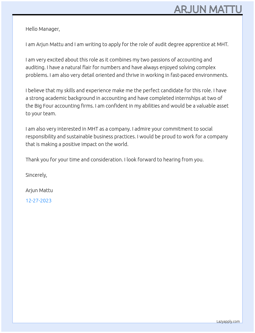 audit At MHT Cover Letter