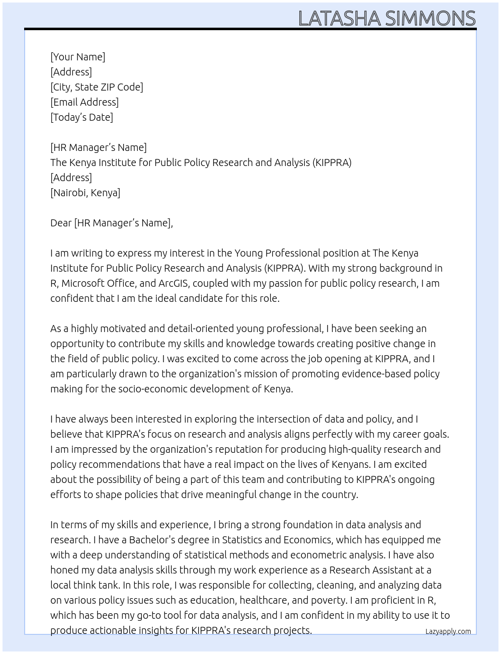 Young Professional At The Kenya Institute for Public Policy Research and Analysis (KIPPRA)’ Cover Letter
