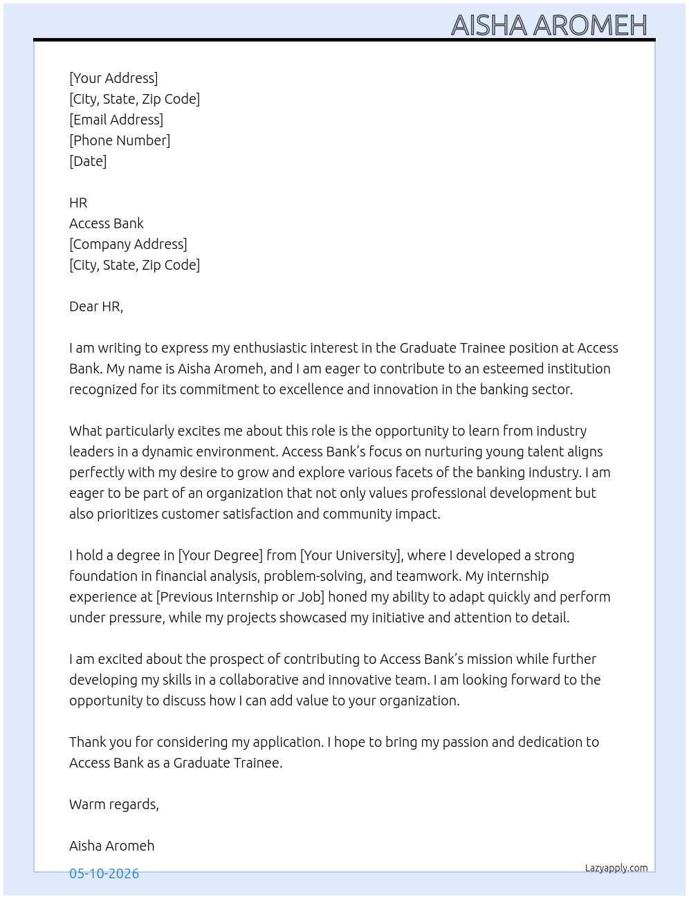 Graduate trainee  At Access bank pls Cover Letter