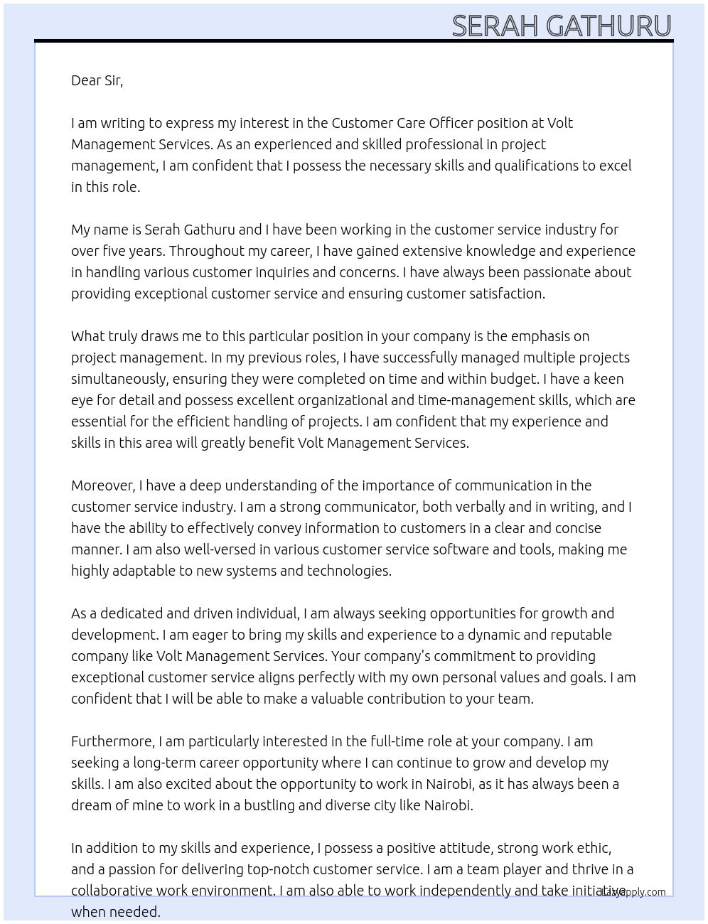 Customer Care officer At volt management services Cover Letter