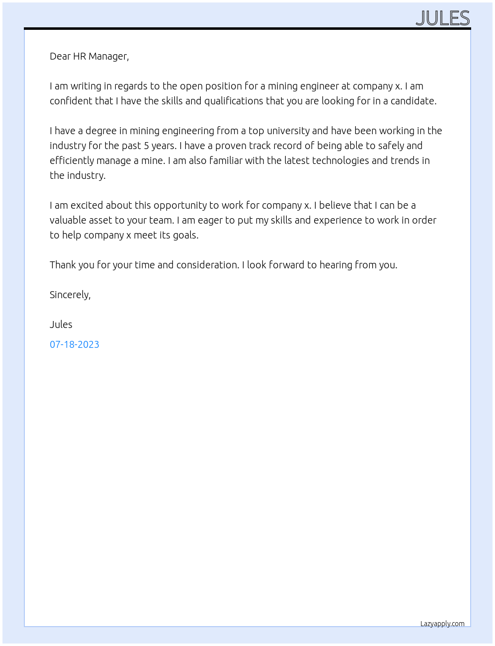 mining At x Cover Letter