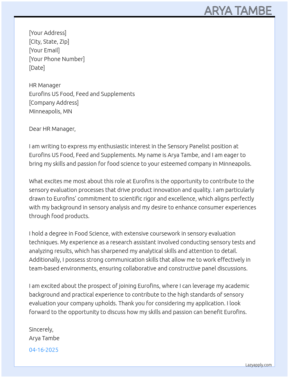 Sensory Panelists  At Eurofins US Food, Feed and Supplements  Cover Letter