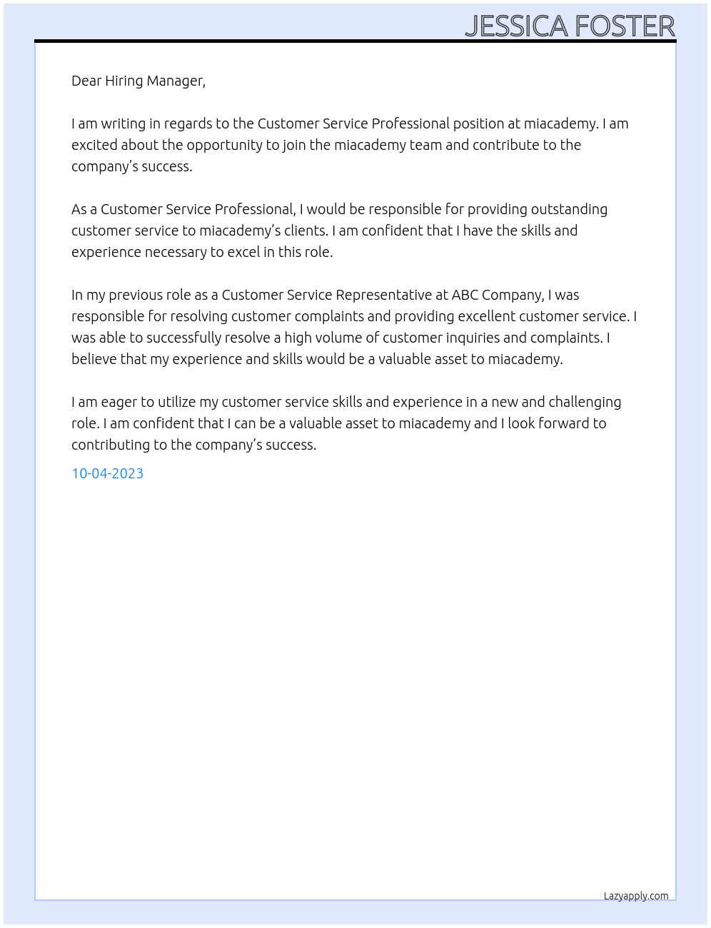 Customer Service Professional At miacademy Cover Letter