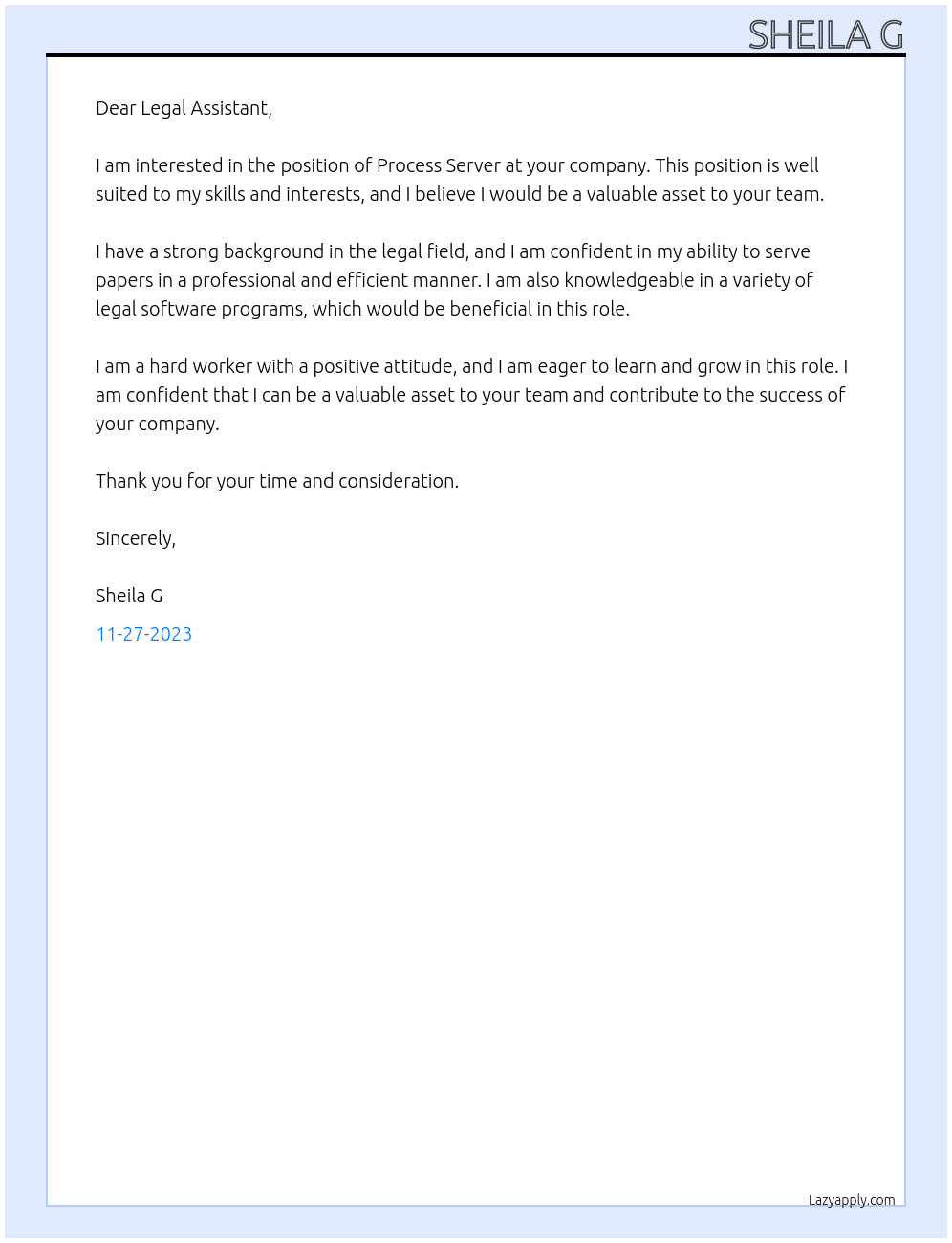 Process Server At Legal Assistant Cover Letter