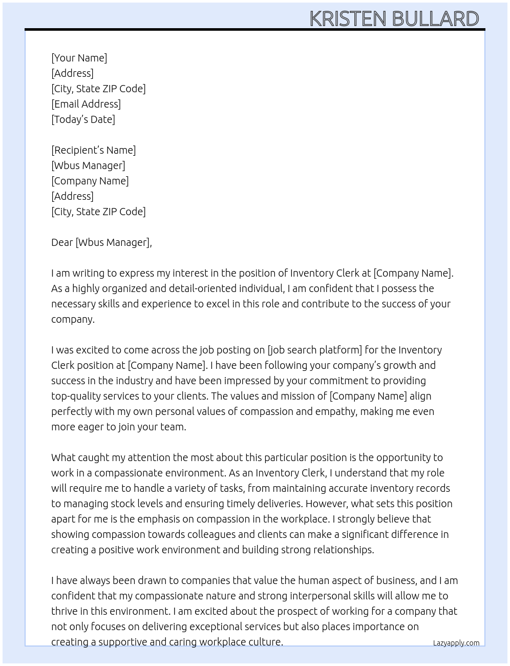 Inventory clerk At Wbus Cover Letter