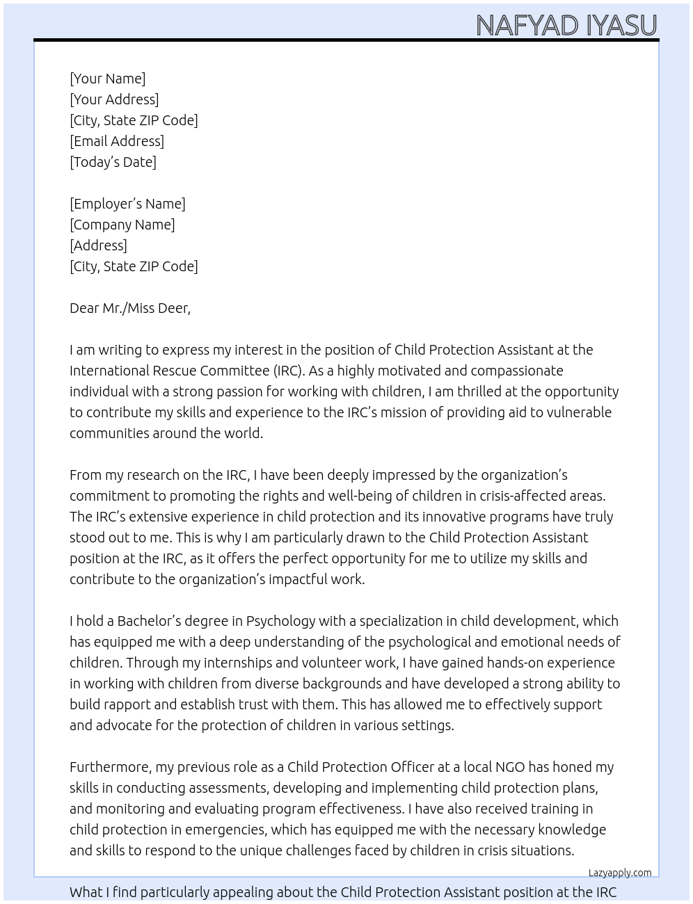 Child protection Assistant   At International Rescue Committee - IRC Cover Letter