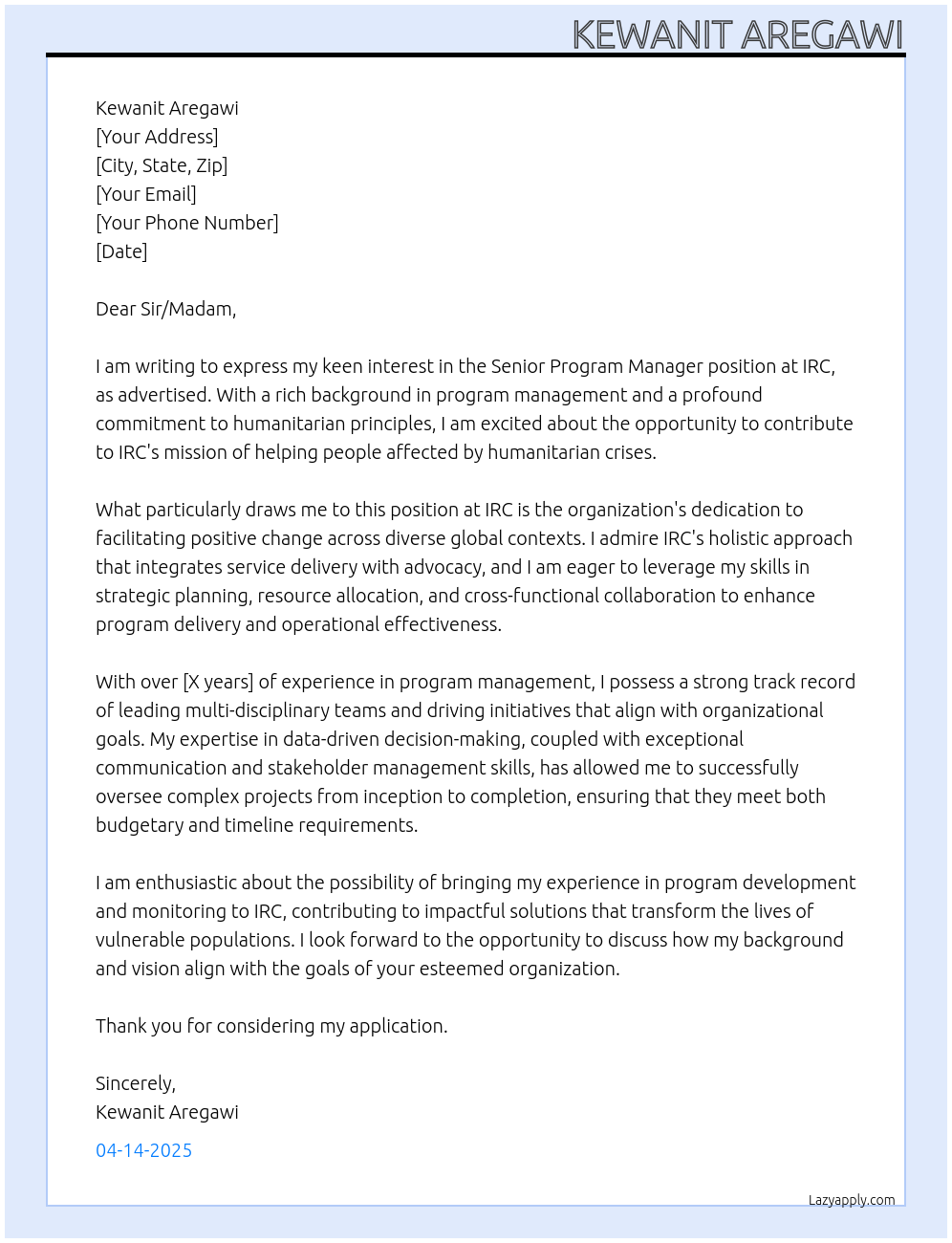 Senior Program Manager At IRC Cover Letter