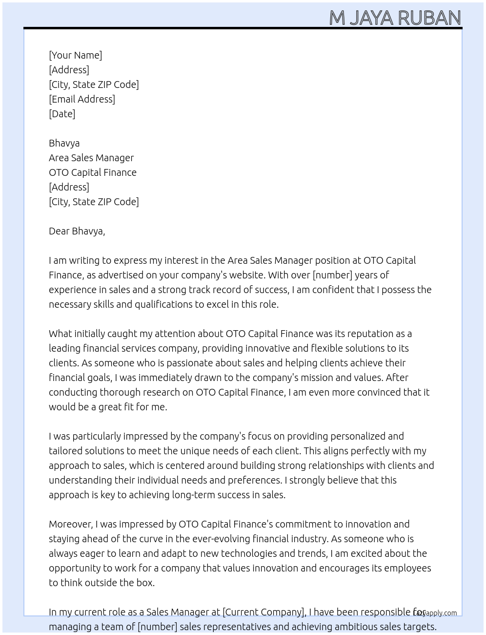 Area sales manager At OTO Captial Finance Cover Letter