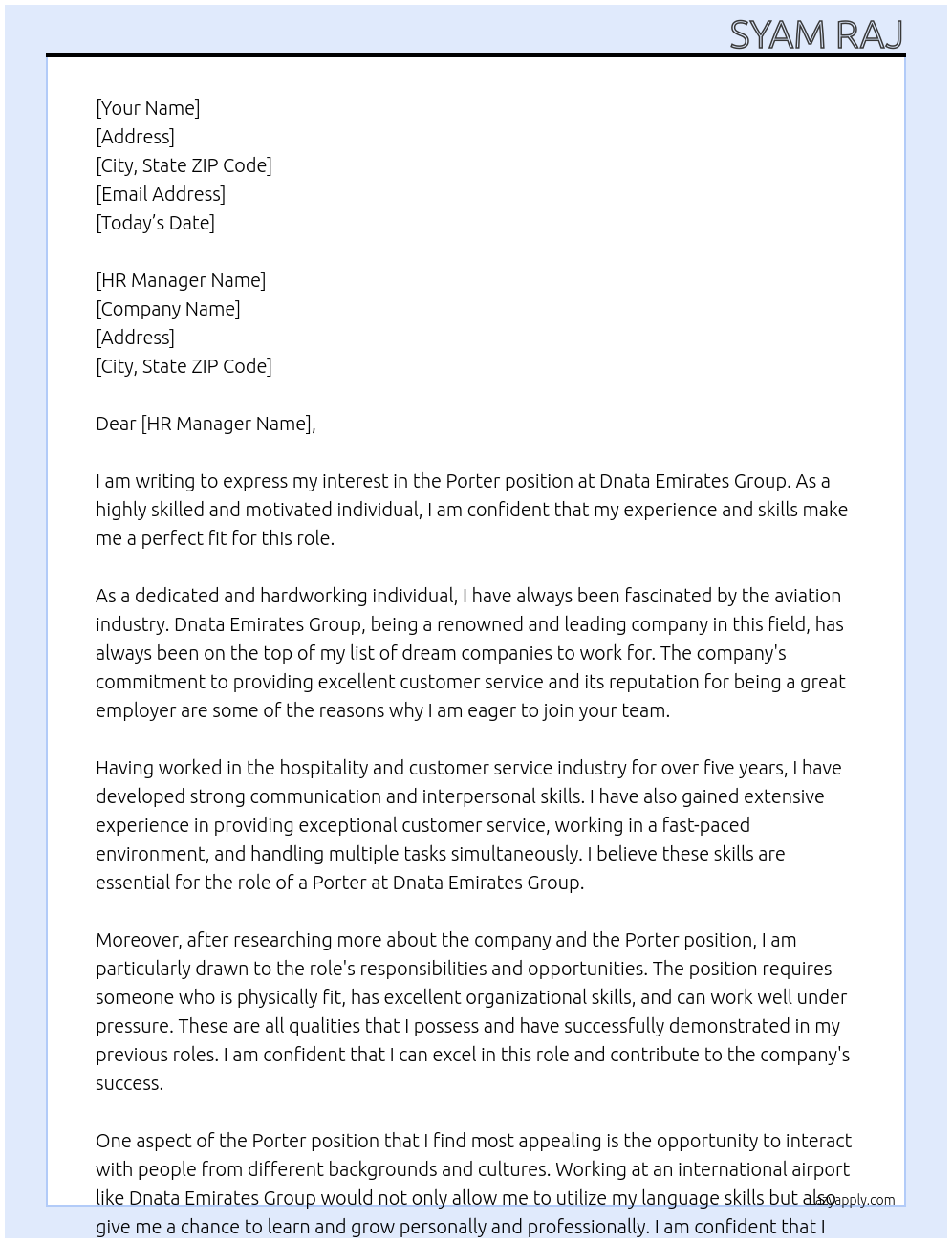 Cover letter for porter LazyApply - NNeCHHiQXNP54H84TNym