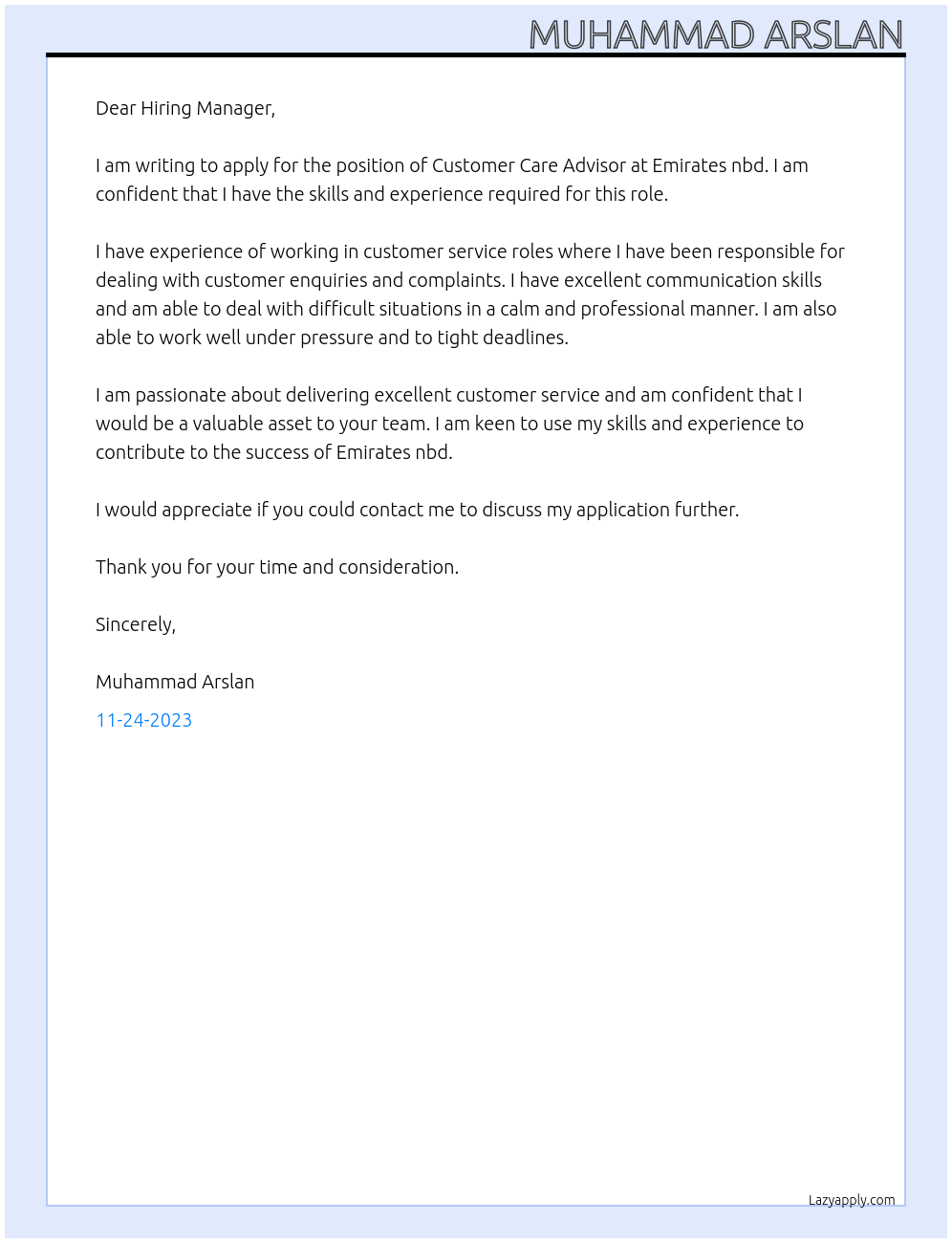 Customer Care Advisor At Emirates nbd Cover Letter