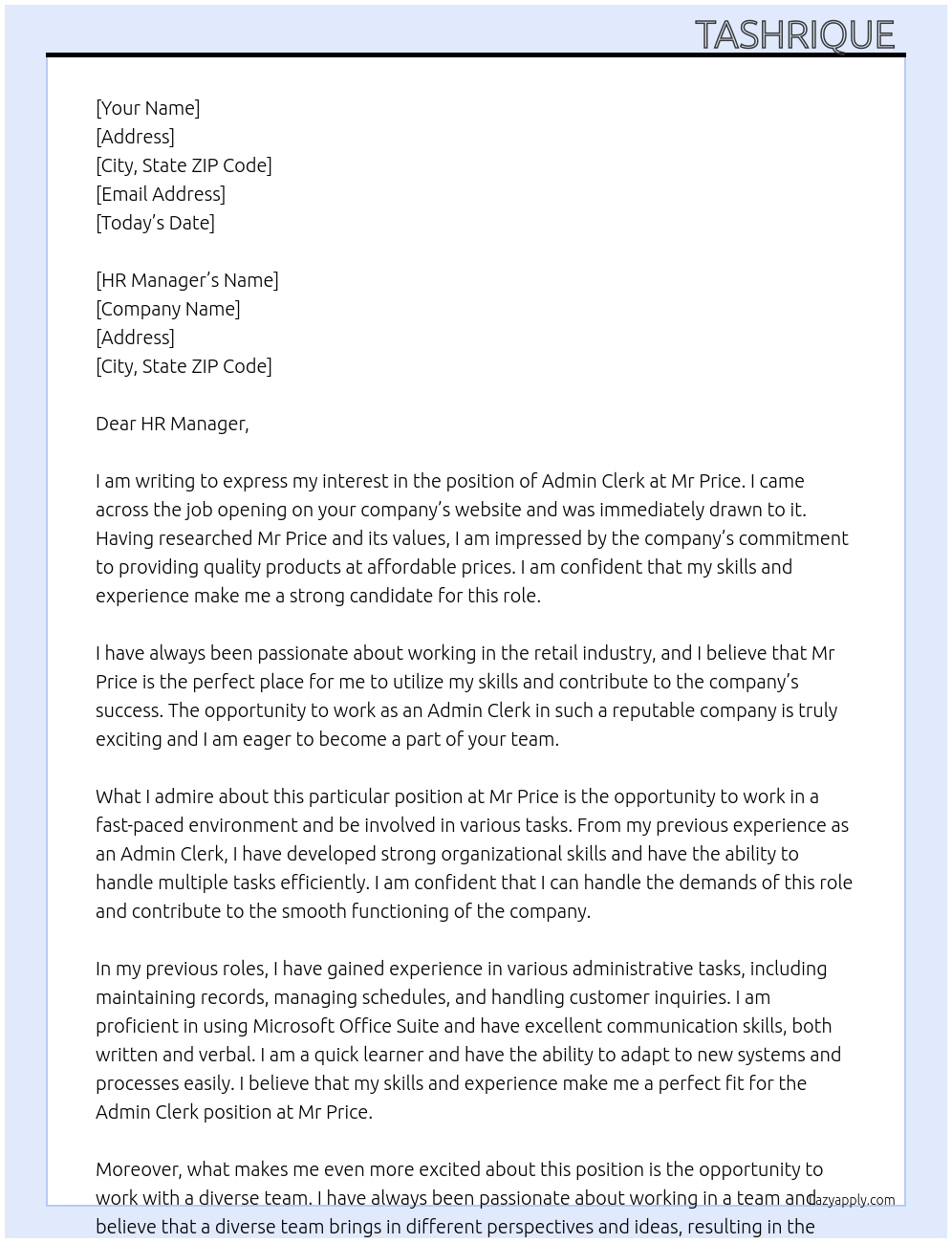 Admin clerk At Mr Price Cover Letter