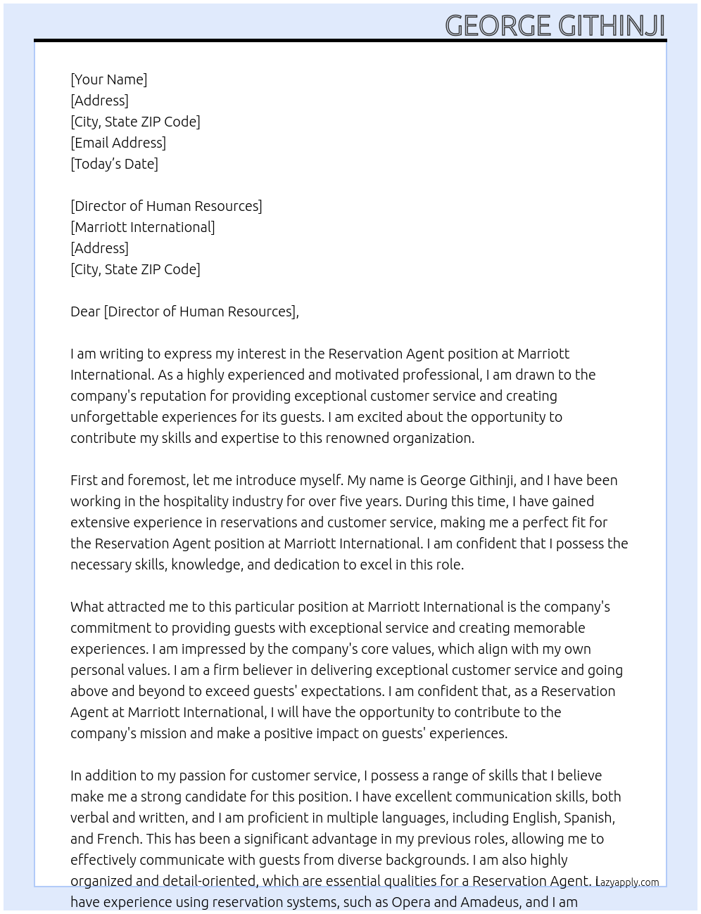 Reservation Agent At Marriott International Cover Letter
