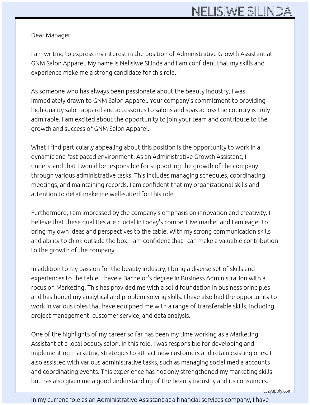 Administrative Growth Assistant At GNM Salon Apparel  Cover Letter