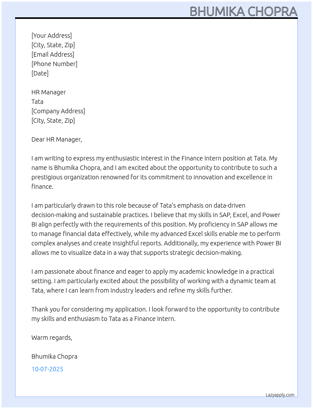 Tata Global Cover Letter- Finance Intern At Tata Cover Letter