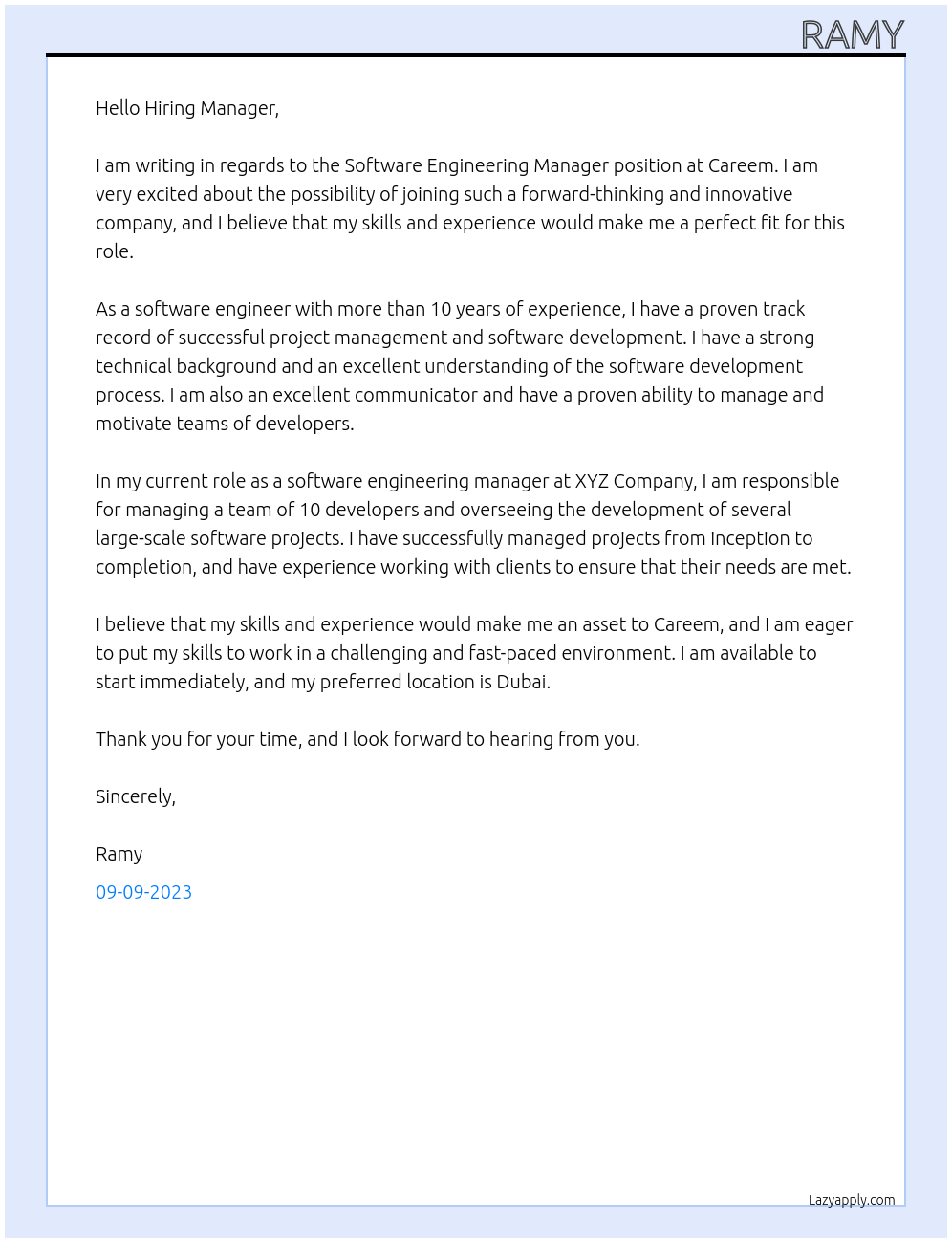 Software Engineering Manager At Careem Cover Letter