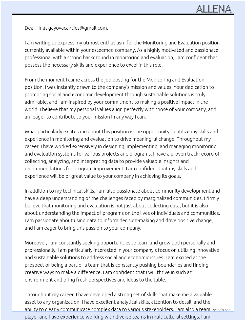 Monitoring and evaluation At gayovacancies@gmail.com Cover Letter