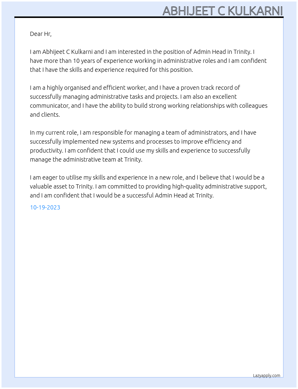 Admin Head At Trinity Cover Letter