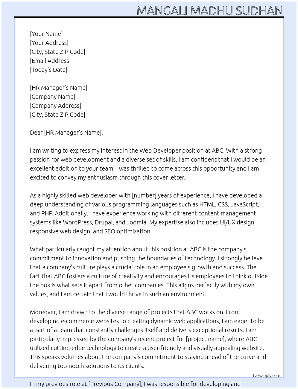 web developer At abc Cover Letter