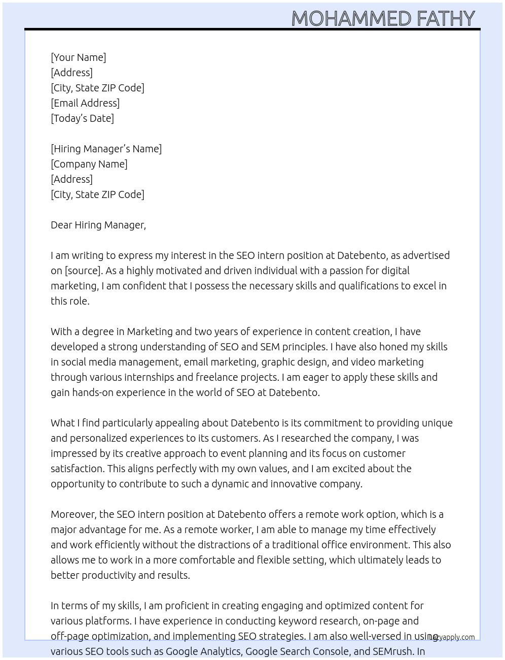 SEO intern At Datebento Cover Letter