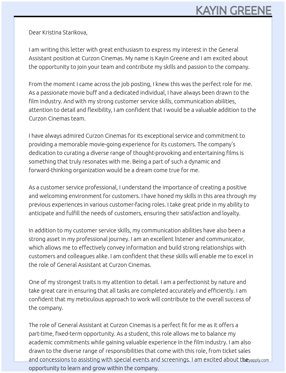 General Assistant At Curzon Cinemas Cover Letter