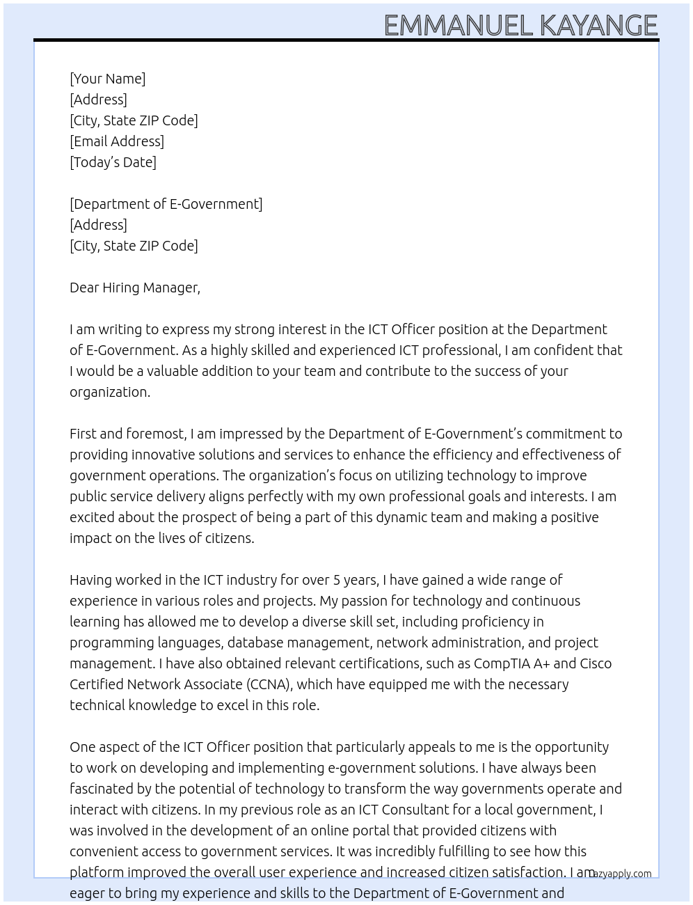 ICT OFFICER At Department of E-Government Cover Letter