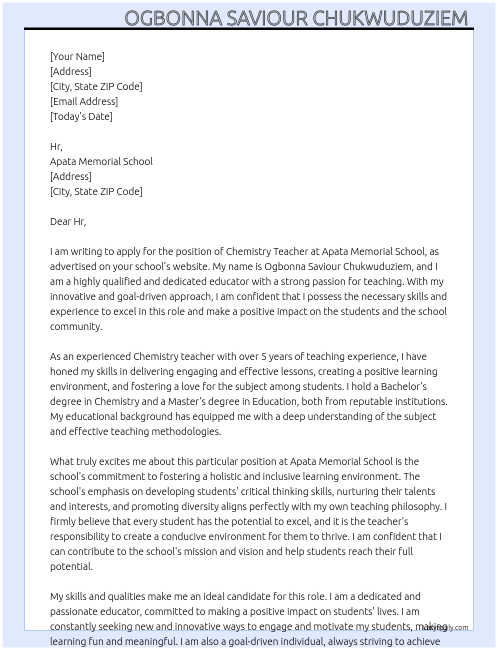 Chemistry Teacher  At Apata Memorial School  Cover Letter