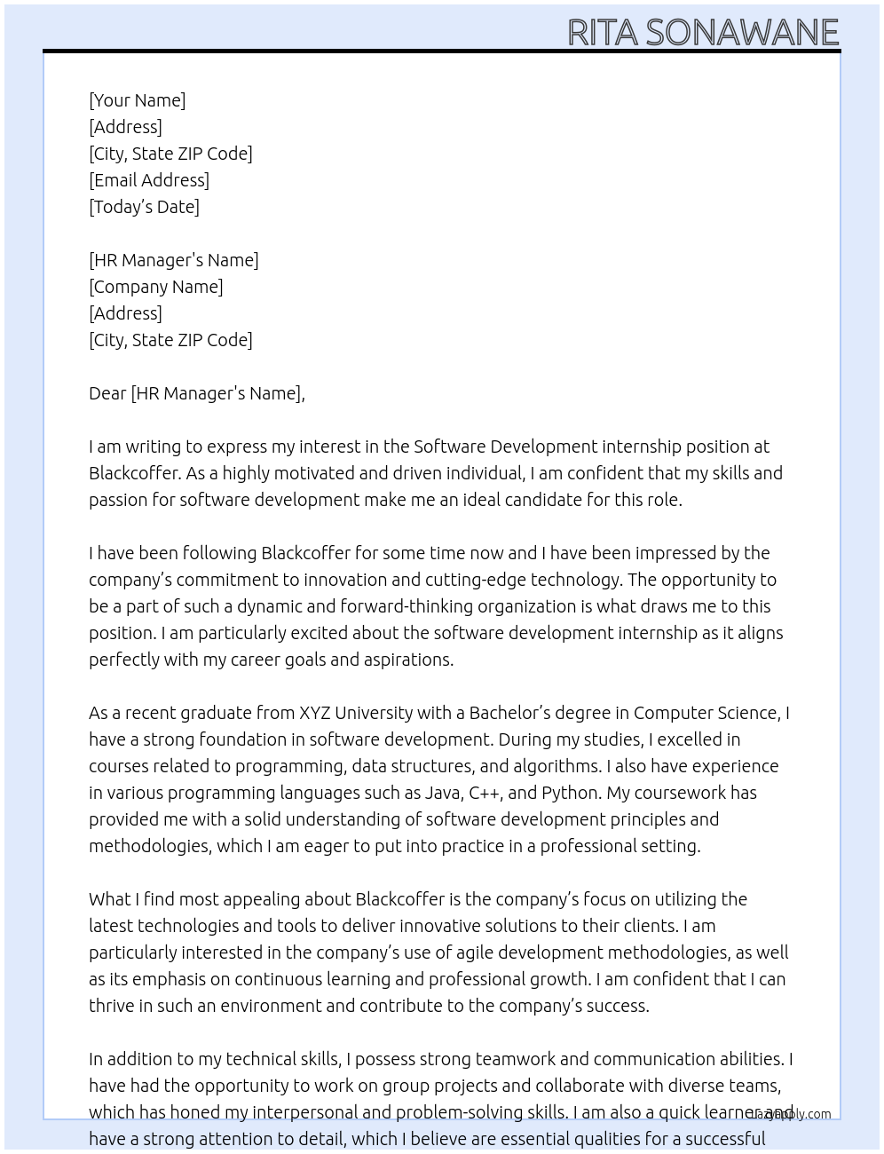 Software Development internship At Blackcoffer Cover Letter