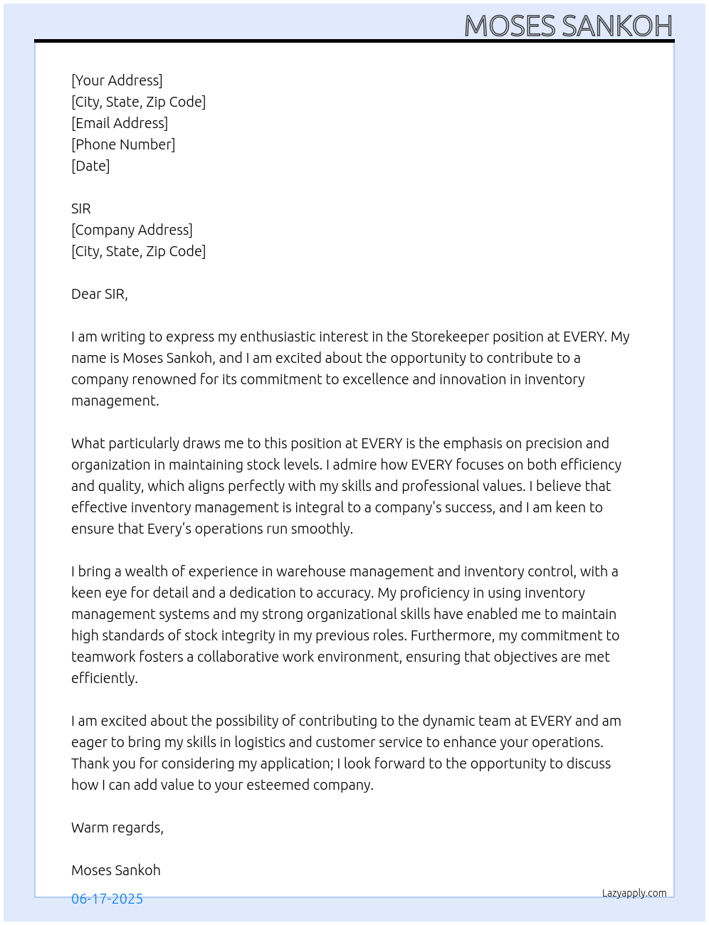 storekeeper At EVERY Cover Letter