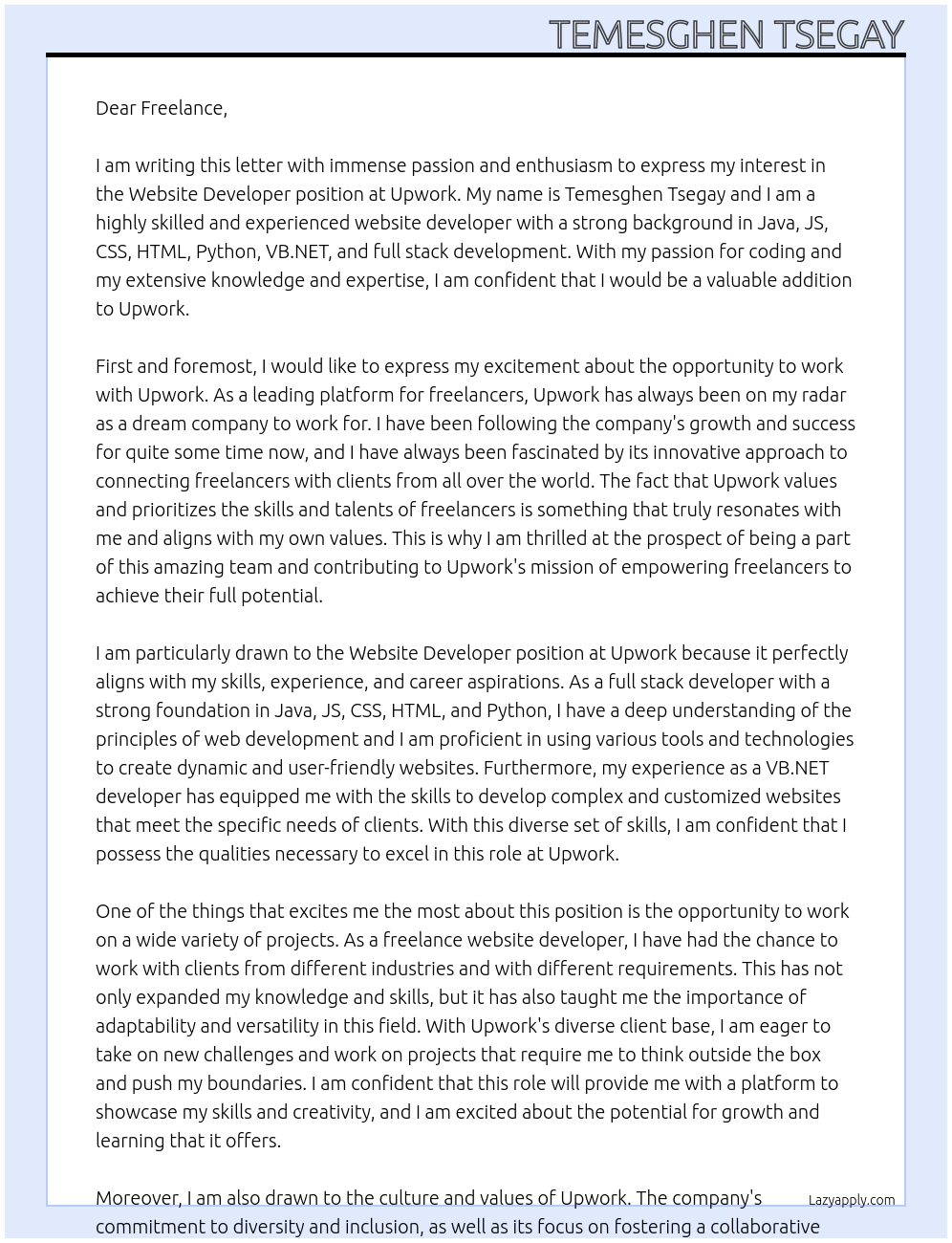 Website developer At Upwork Cover Letter