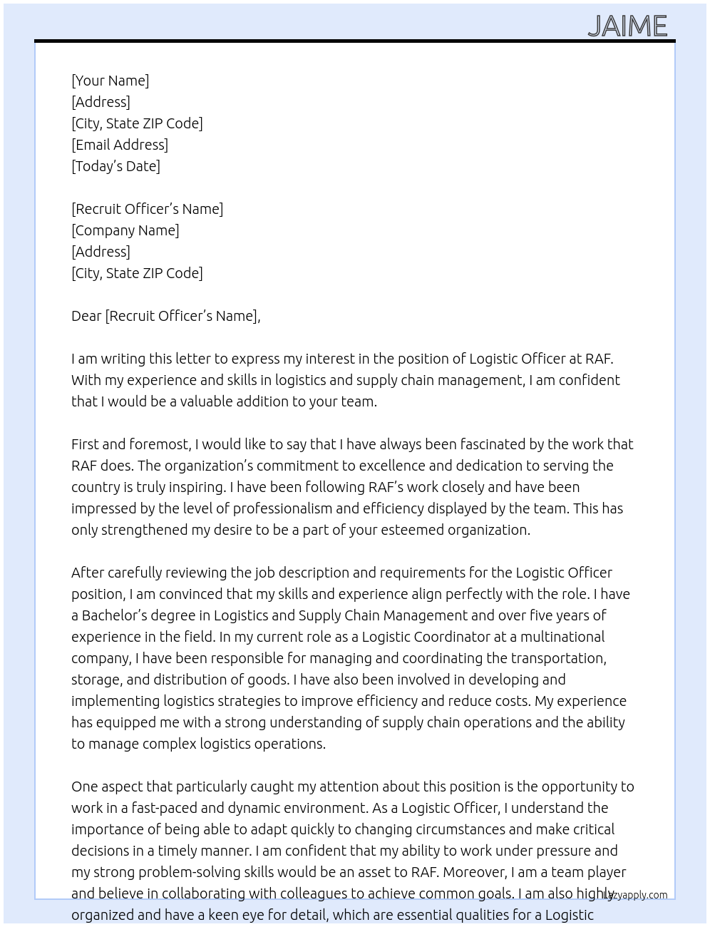 Logistic officer  At RAF   Cover Letter