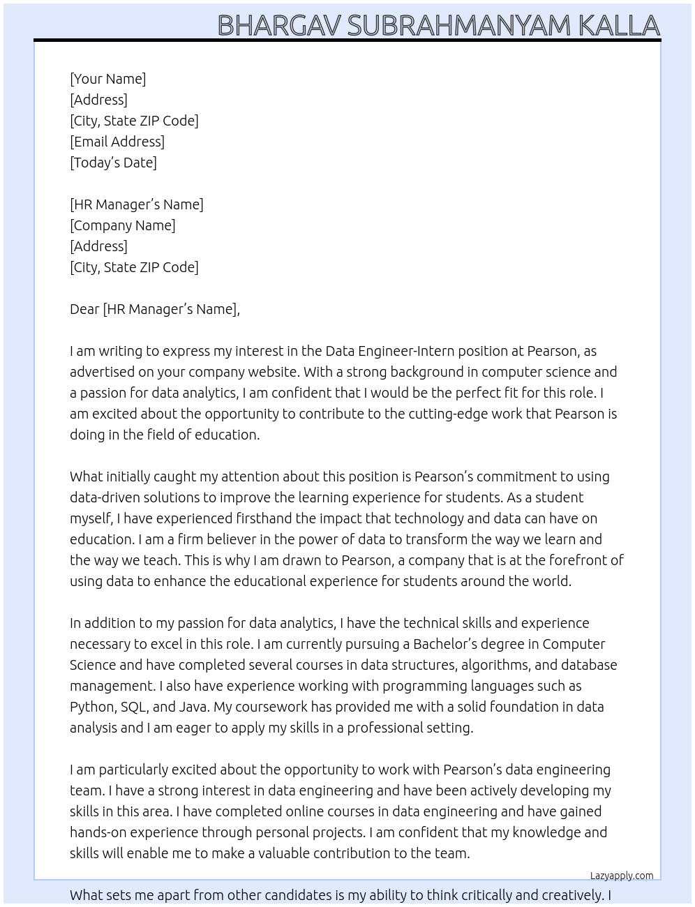 Data Engineer - Intern At pearson Cover Letter