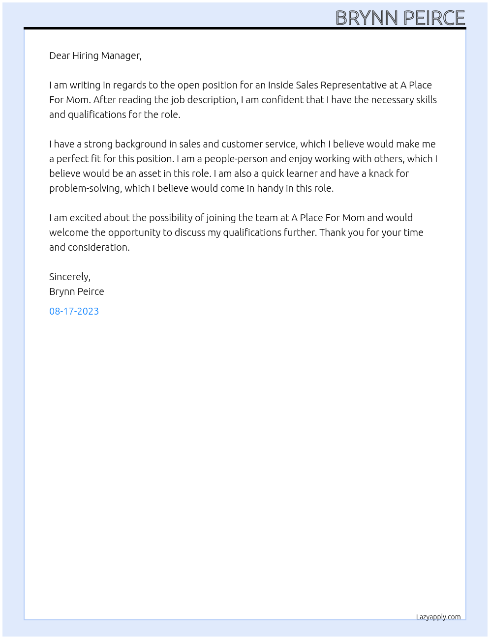 Inside Sales Representative At A Place For Mom Cover Letter