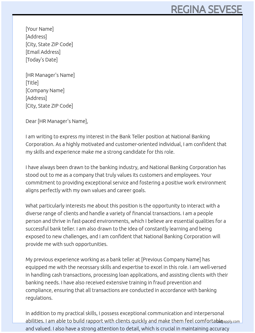 Bank Teller At National Banking Corporation Cover Letter