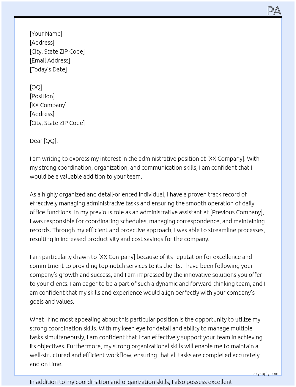 administrative  At xx Cover Letter