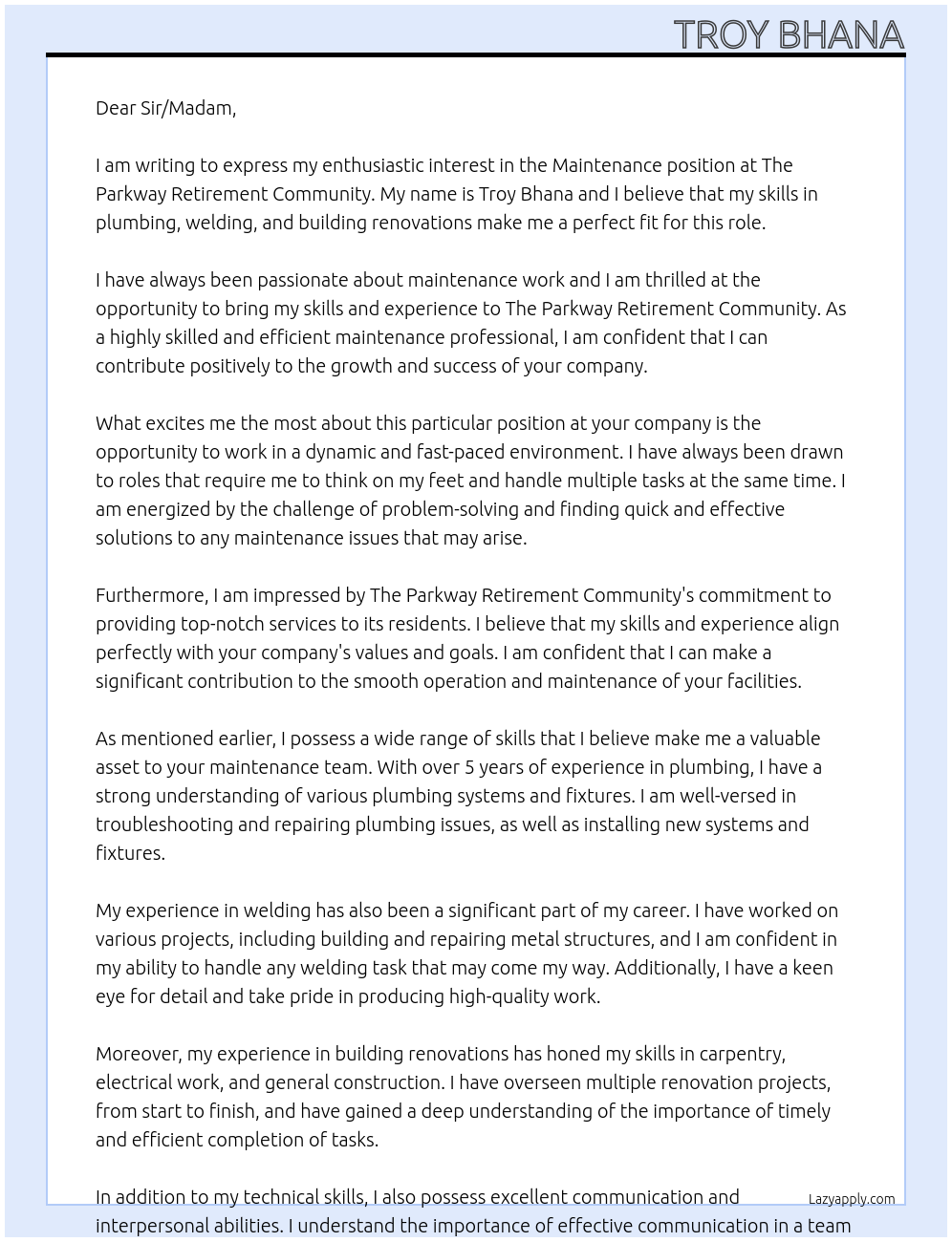 maintenance  At The Parkway Retirement Community  Cover Letter